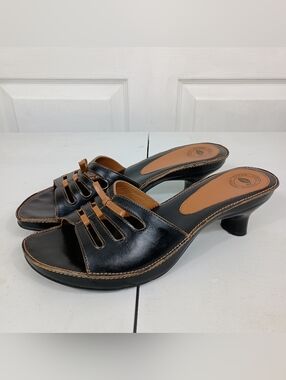 Nurture Sandals 8.5 Womens Black Tan Leather Kitten Heel Slide Bow Cutout VTG